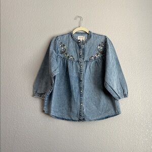 DRIFTWOOD Light Blue Denim Button-Front Top with Daisy Embroidery